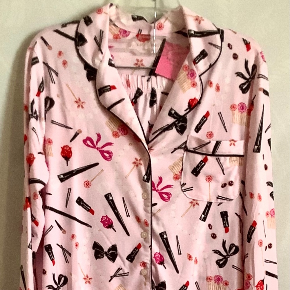 🎁 KATE SPADE 2PC PJ SET LONG SLEEVE & PANTS Flowers & Makeup Pattern Sz M NWT💄